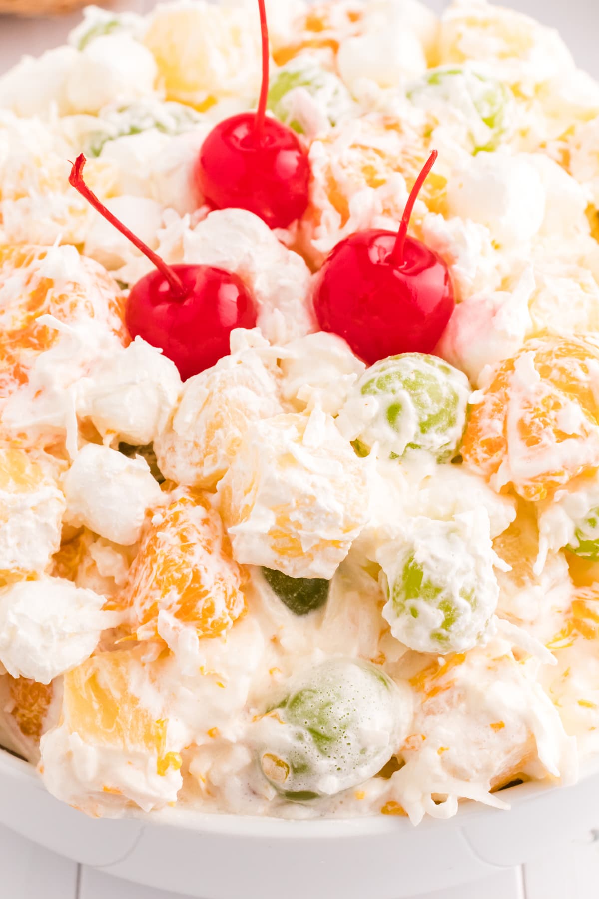 Close-up of creamy fruit salad