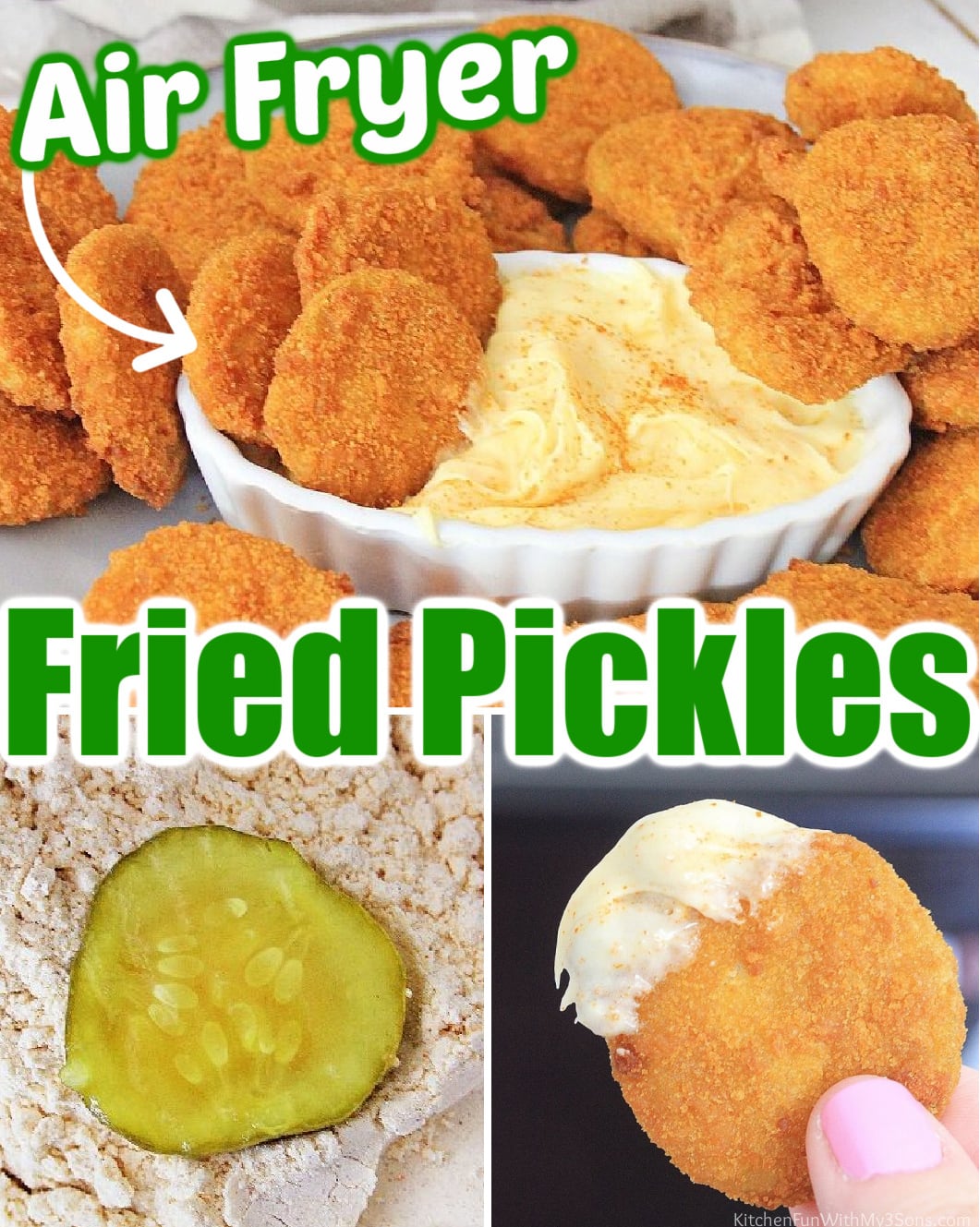 Collage of 3 images of air fryer pickles