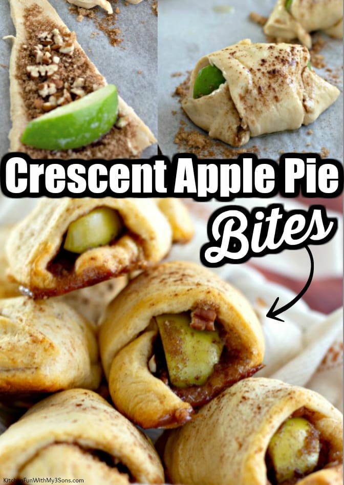 A graphic with several photographs of apple pie bites, baked and unbaked, and "Crescent Apple Pie Bites" in bold lettering.