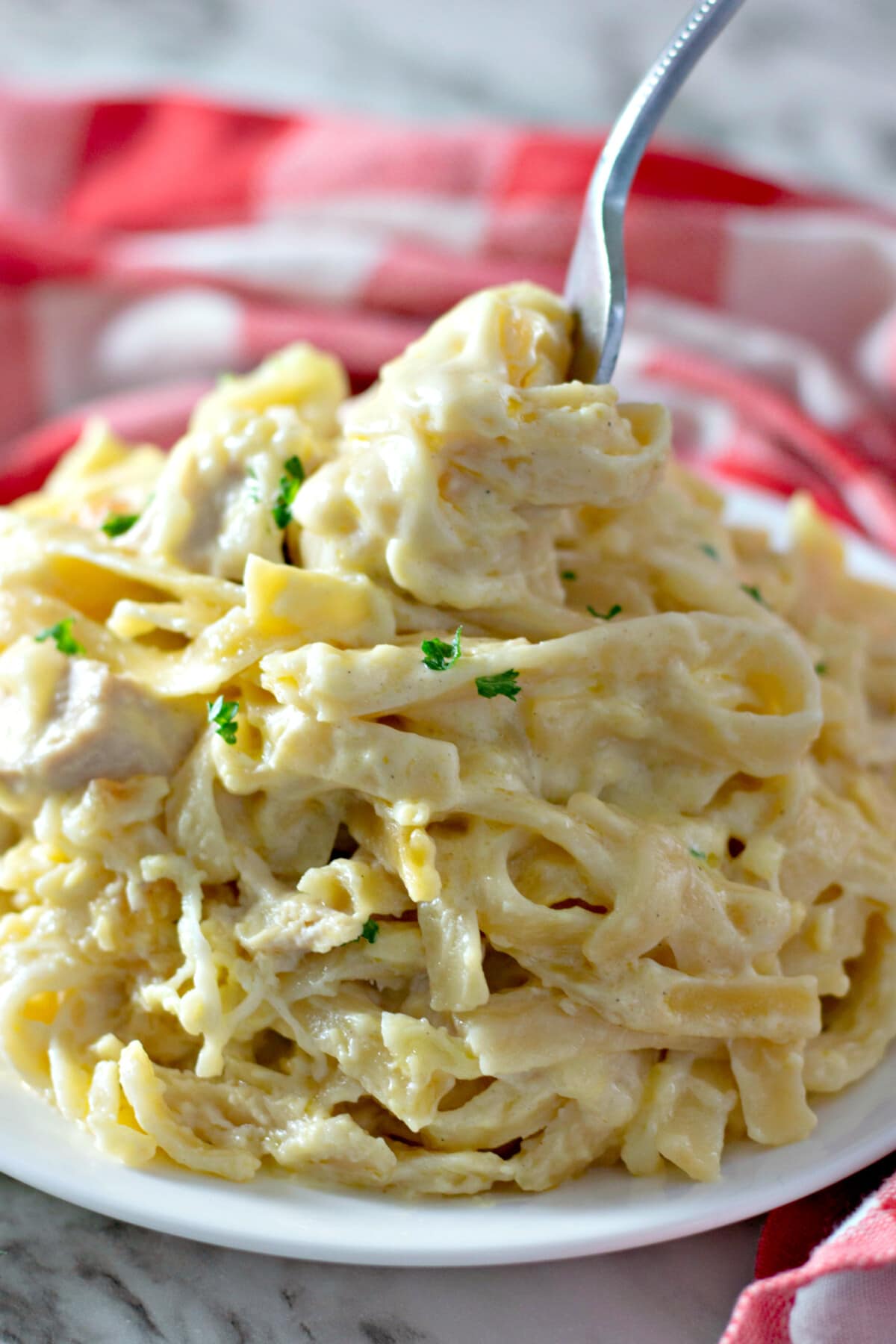 Chicken Tetrazzini with a fork