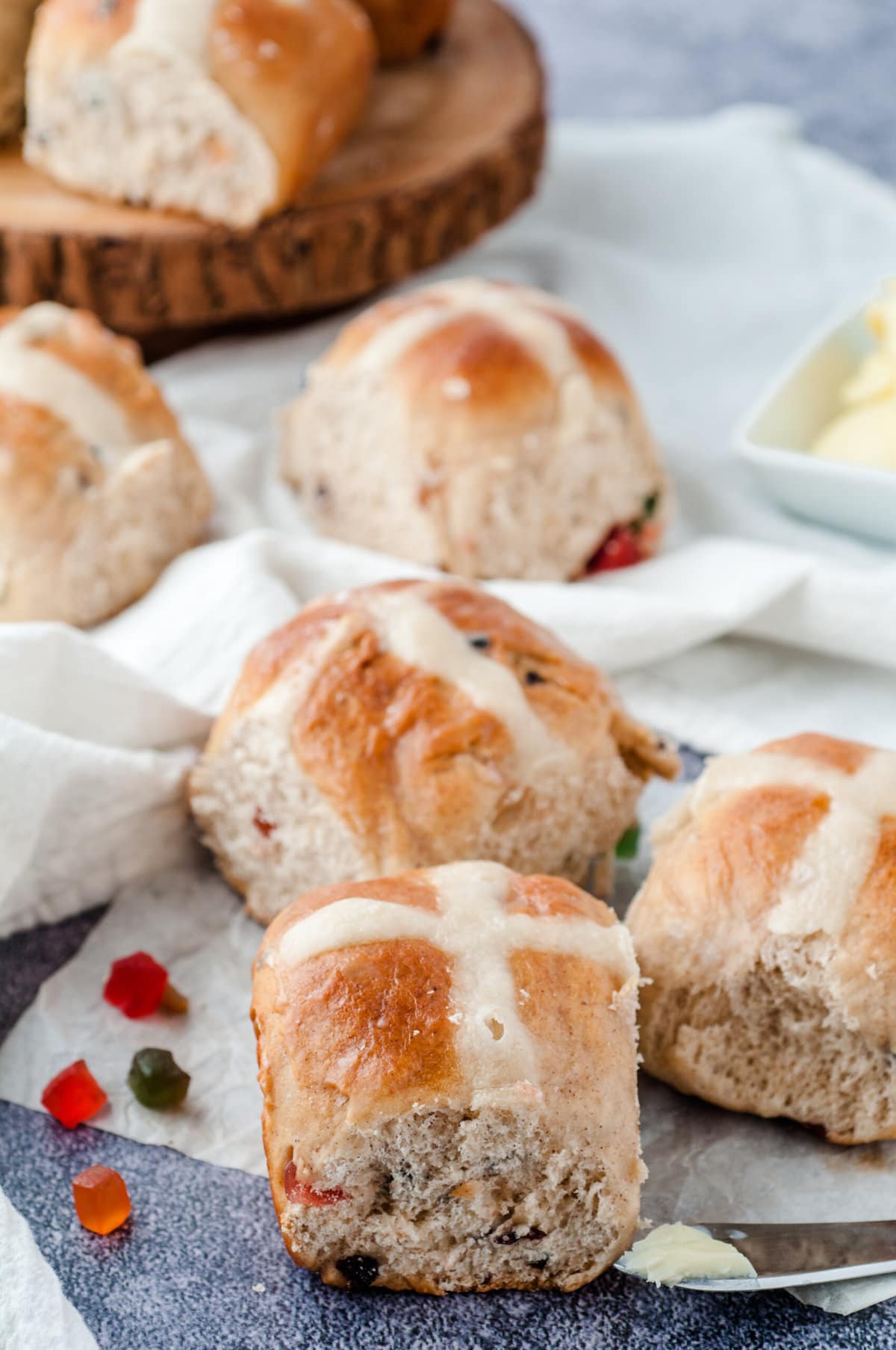 Homemade Hot Cross Buns on the counter