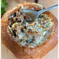 Philly Cheesesteak Soup in a Bread Bowl