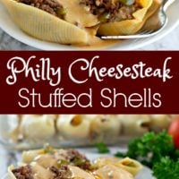 Philly Cheesesteak Stuffed Shells with a homemade cheese sauce.