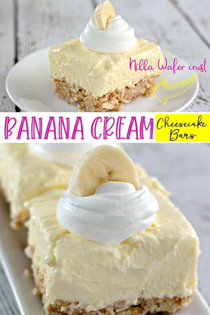 A collage with an image of one banana cream cheesecake square above a close-up of a cheesecake square with another visible in the background.
