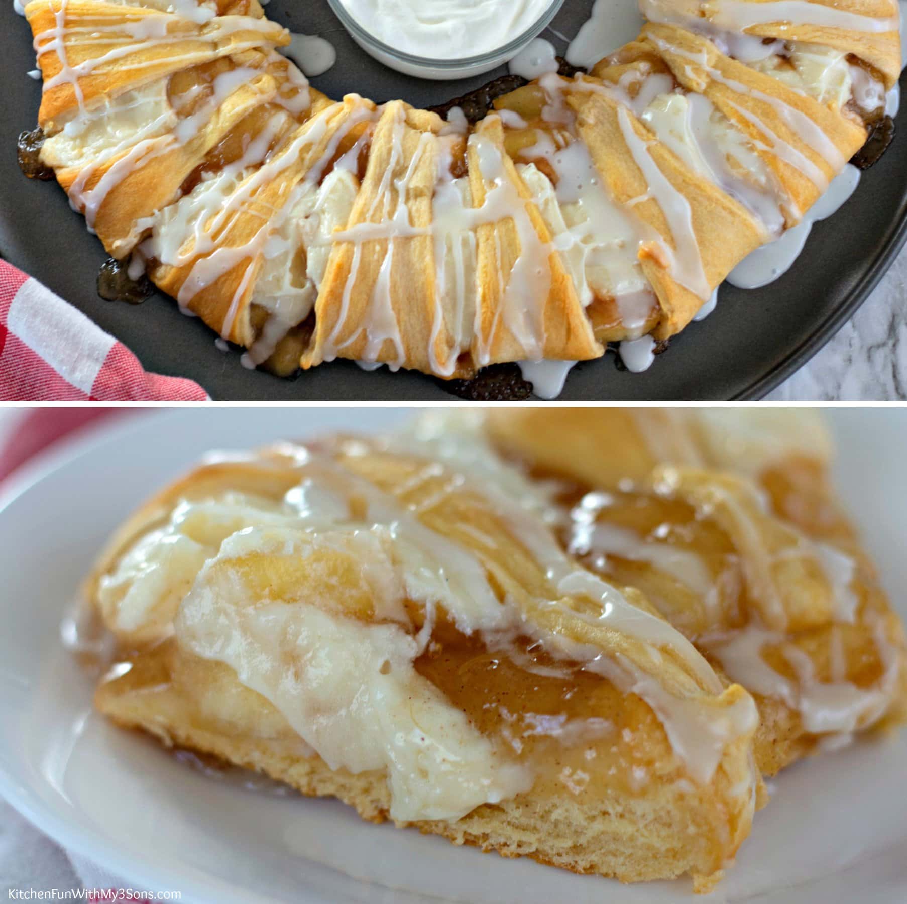 Two shots of Caramel Apple Crescent Ring, one on a black plate with a cup of glaze in the center, and the other a serving size portion on a white plate.
