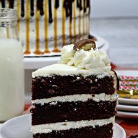 chocolate layer cake on a white plate