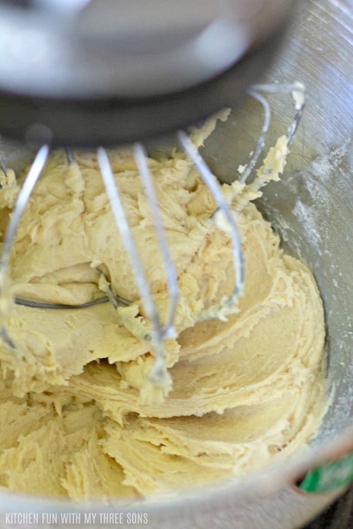 Fully incorporated sugar cookie dough in a stand mixer.