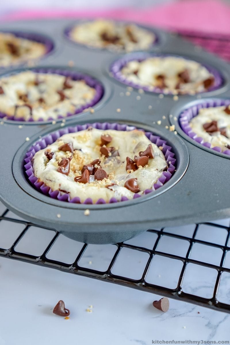 Chocolate Chip Cheesecake Cupcakes in the cupcake pan