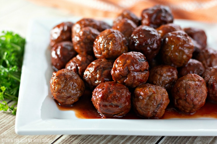 Easy Grape Jelly Meatballs for a Crowd on a white platter