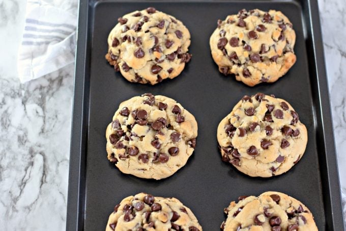 Giant Thick Chocolate Chip Cookies on cookie sheet