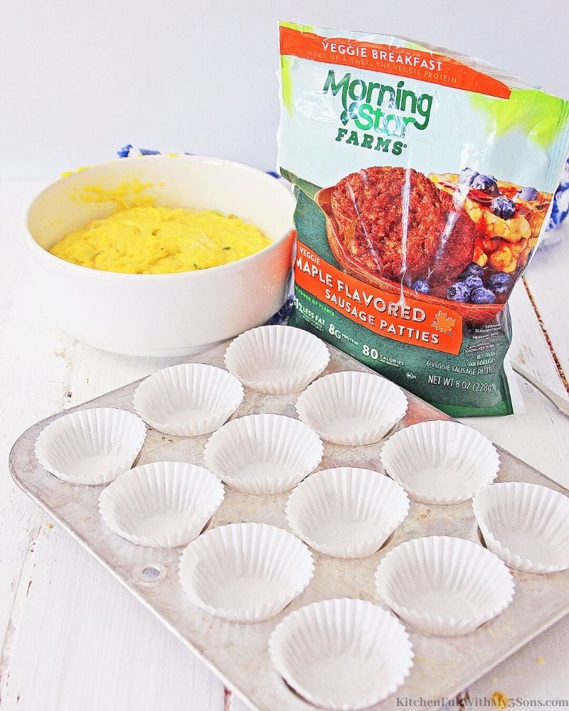 ingredients for muffins and a cupcake pan with liners