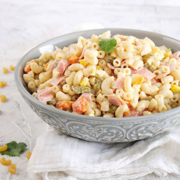 Mexican Macaroni Ham Salad in a gray bowl