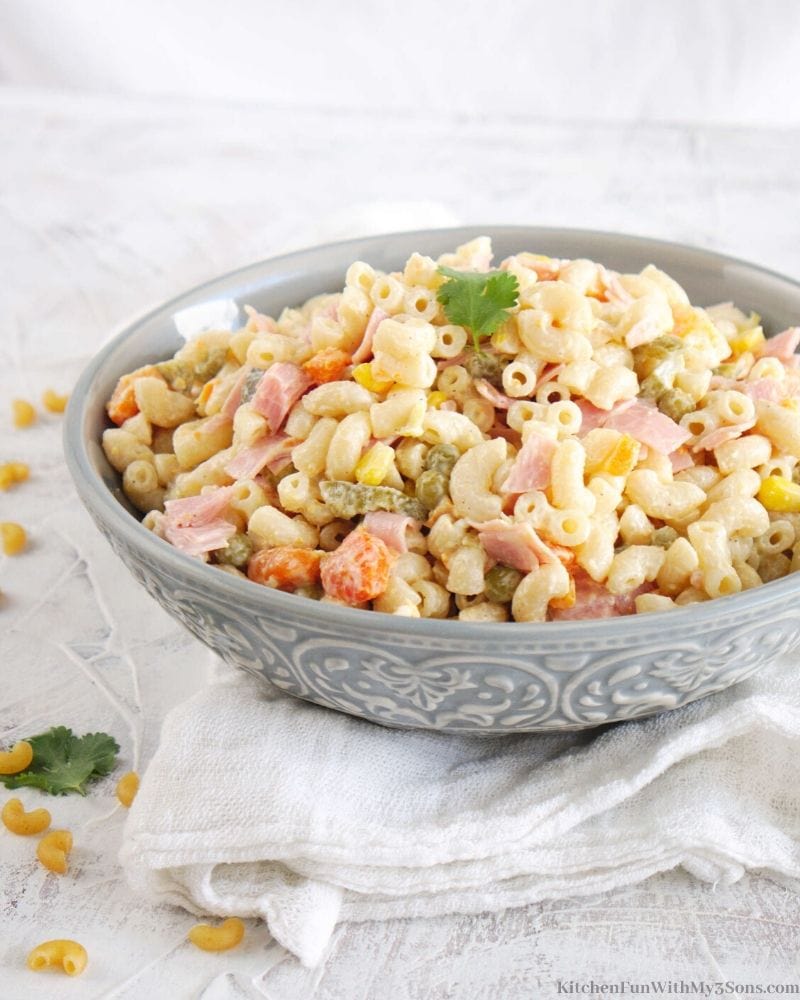 Mexican Macaroni Ham Salad in a gray bowl