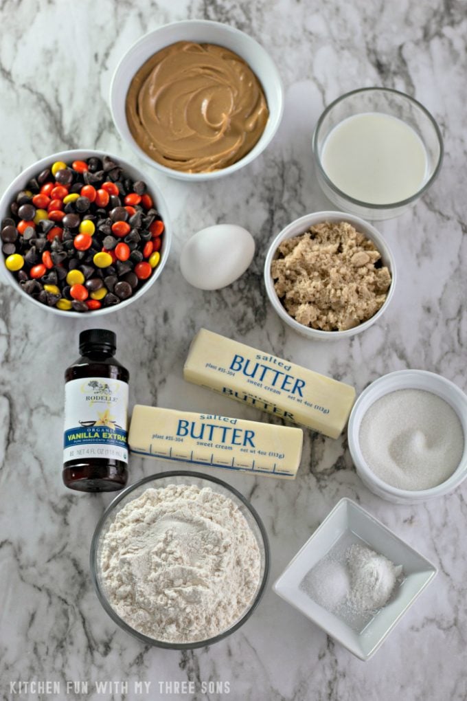 Ingredients to make Reese's Pieces Peanut Butter Cookies