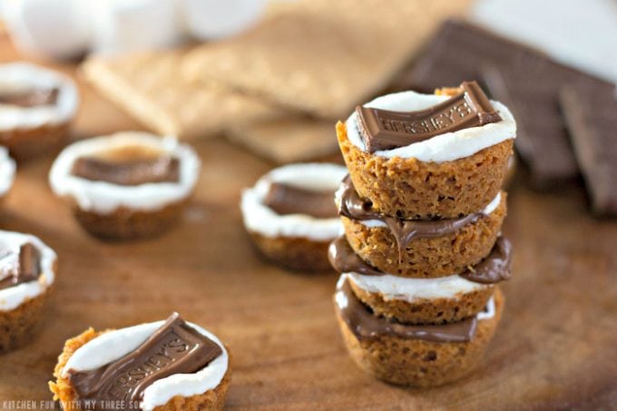 S'mores Cookie Cups on a wooden tray