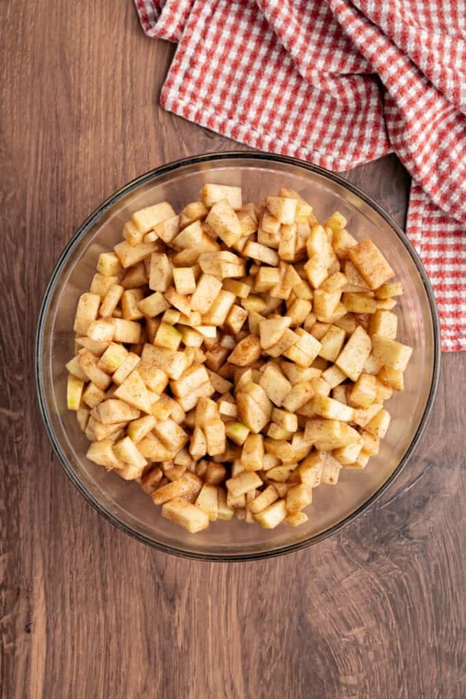 With a flaky, buttery crust and perfectly spiced apple filling baked in a jelly roll pan, Apple Slab Pie is ideal for holidays and gatherings. Apple pie filling in a bowl