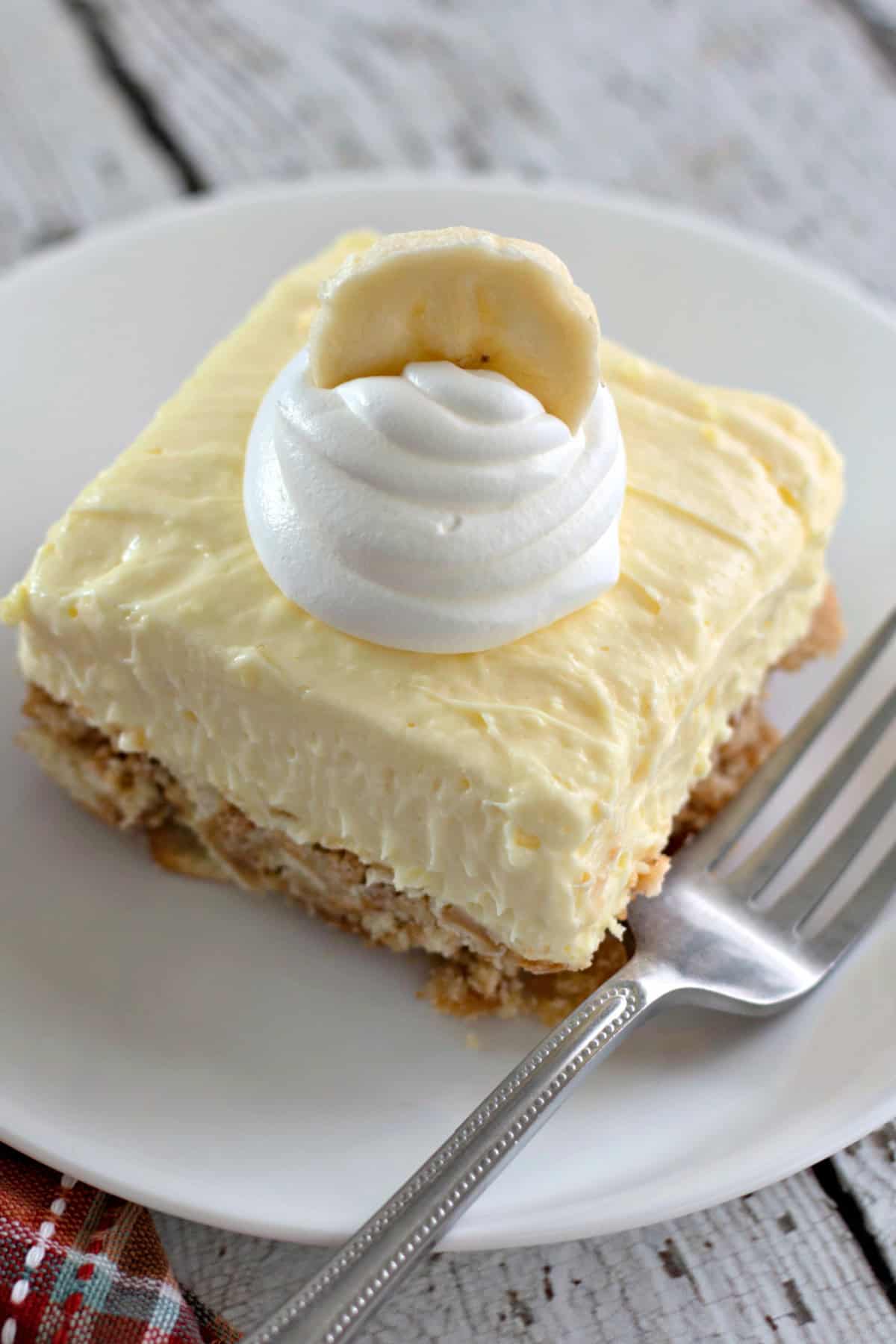 Banana Cream Cheesecake bar on a plate