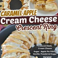 Caramel Apple Cream Cheese Crescent Ring with caramel sauce and frosting.