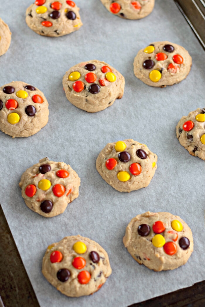 Reese's Pieces Cookies on a cookie sheet