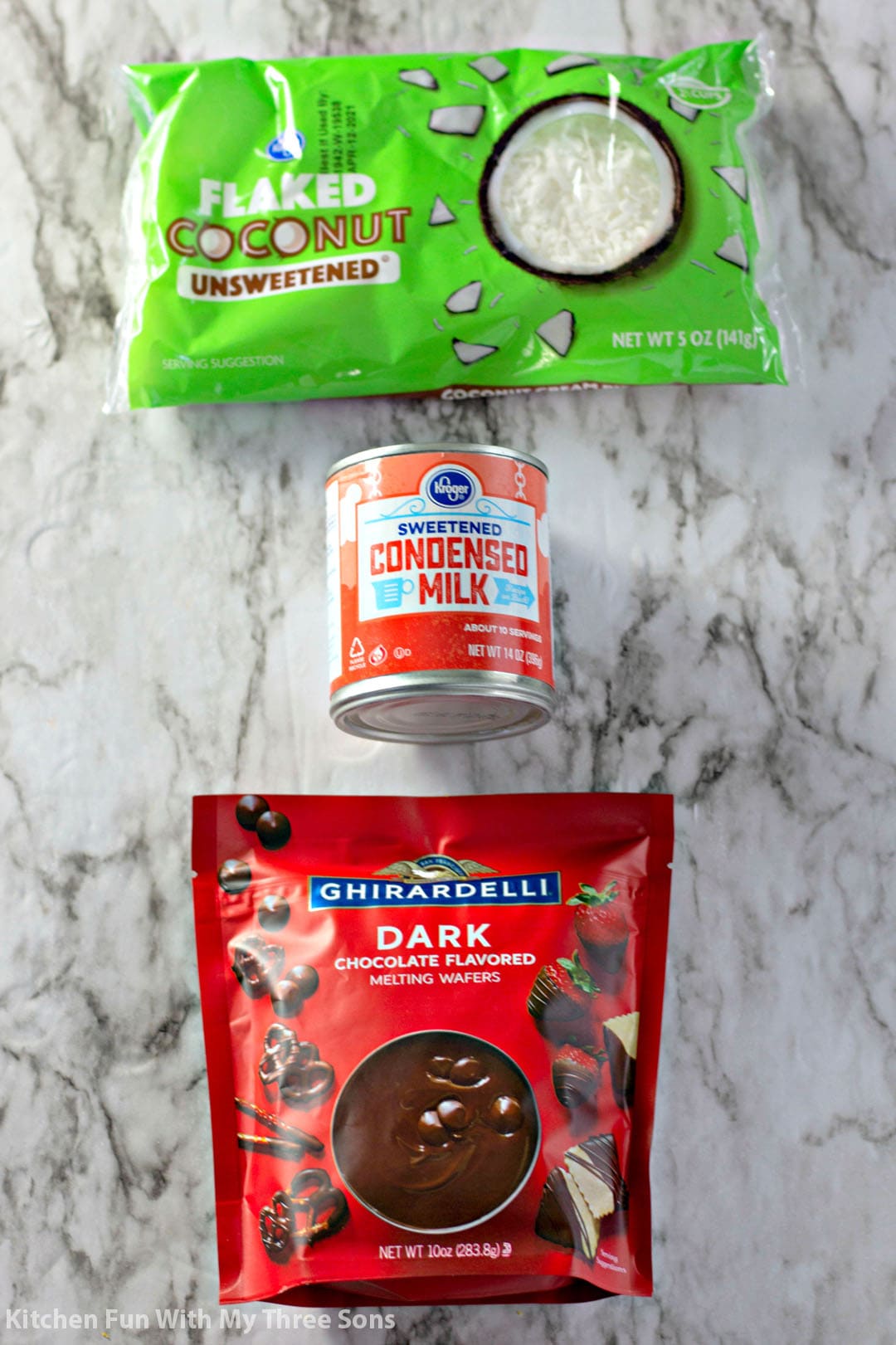 ingredients to make 3 Ingredient Coconut Mounds Bars