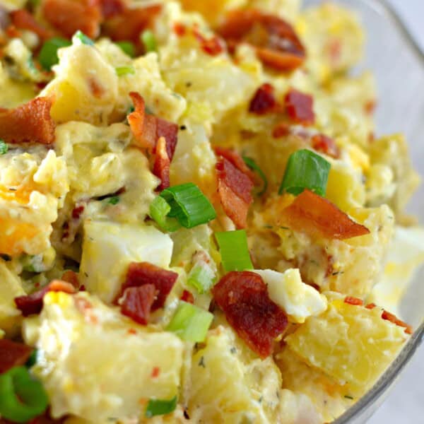 A bowl of dill pickle potato salad