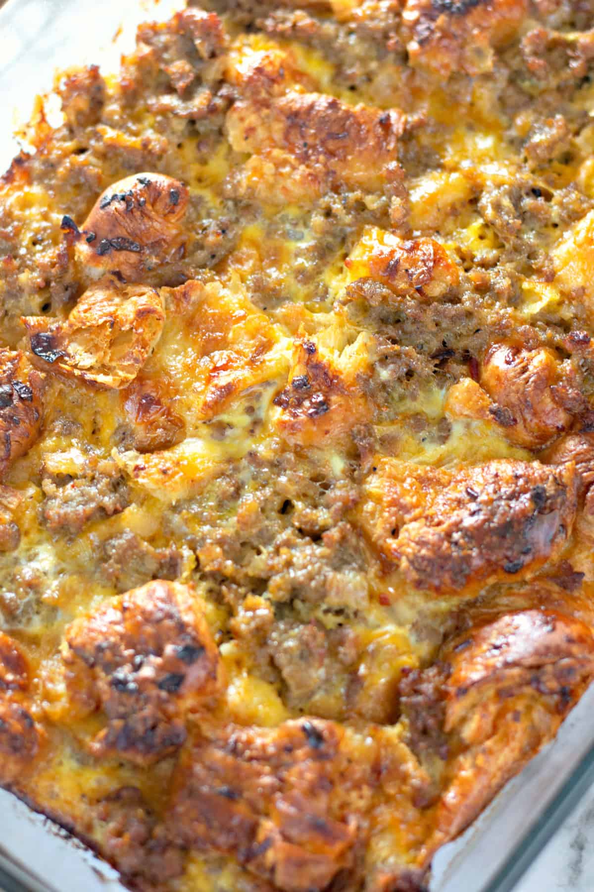Overhead view of a croissant breakfast casserole