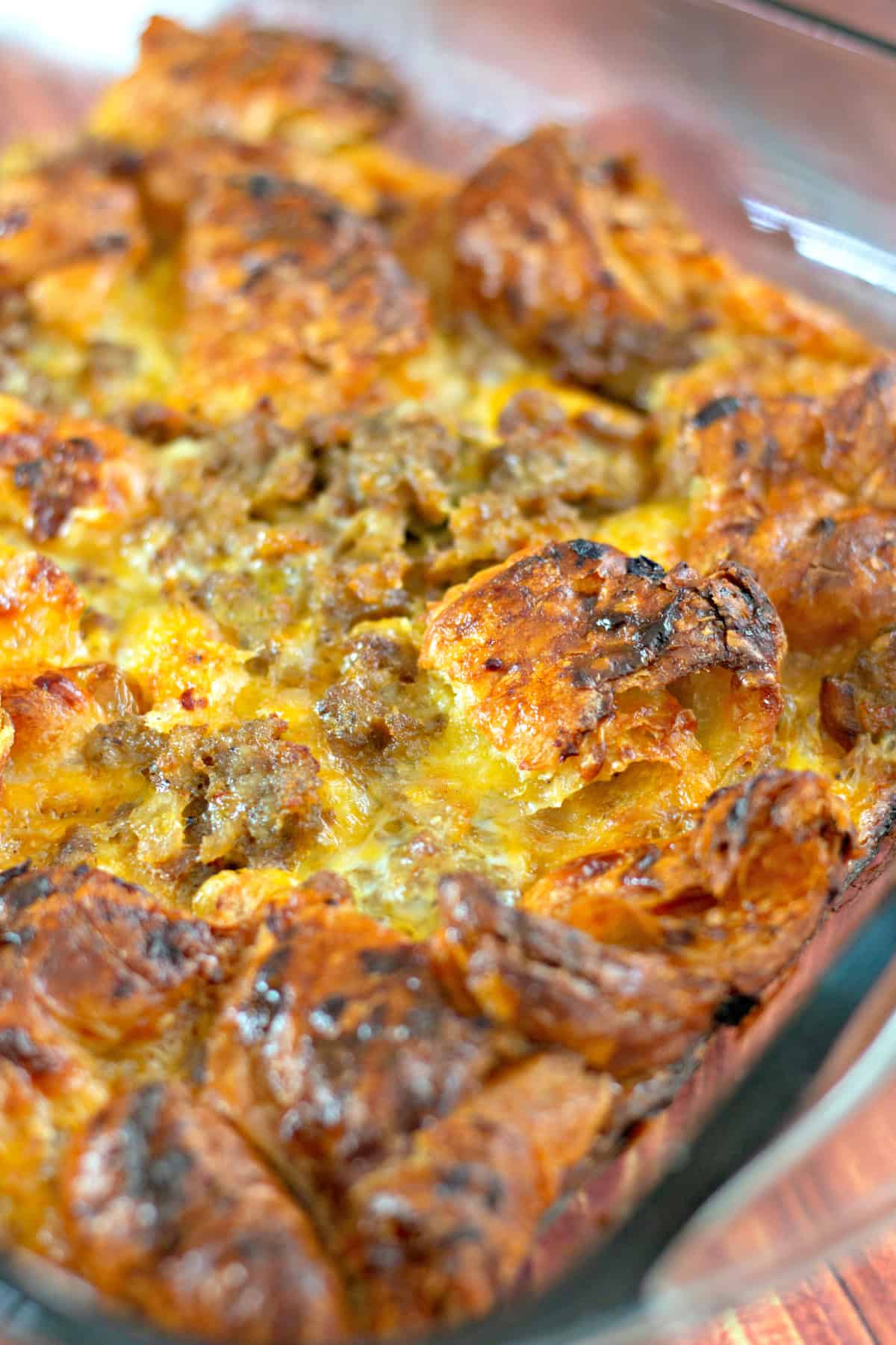 Close up of a croissant breakfast casserole