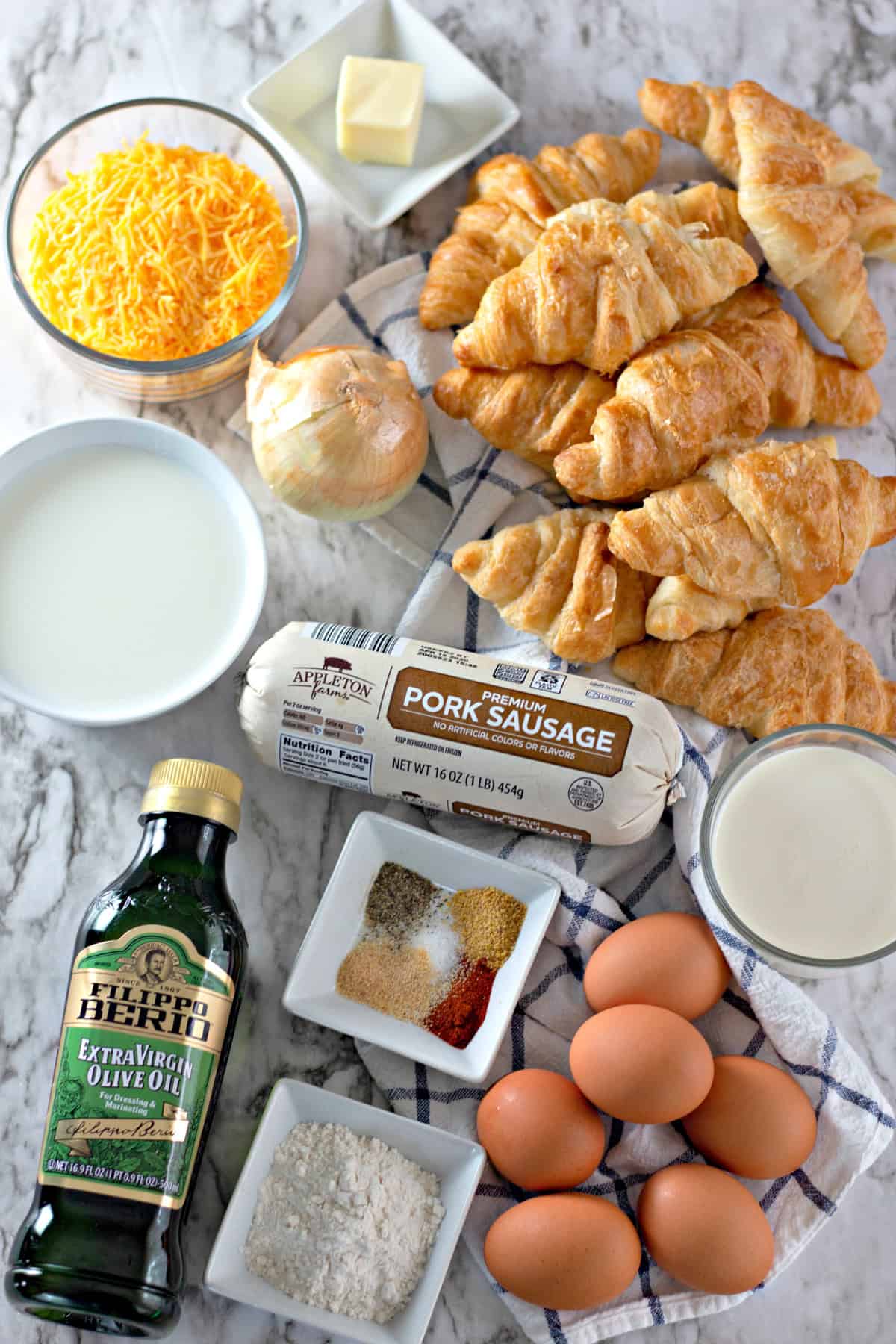Ingredients needed to make croissant breakfast casserole