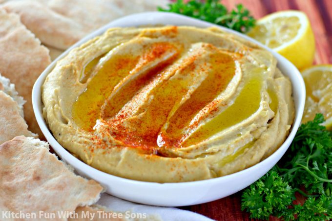 homemade Instant Pot Hummus Recipe in a white bowl