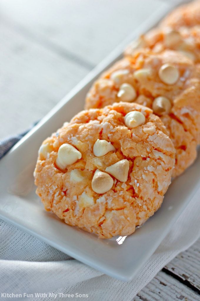 Orange Creamsicle Cake Mix Cookies on a white platter