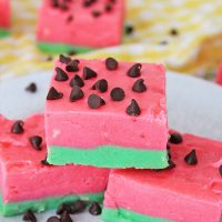 Watermelon Fudge is a fun summer treat to make with chocolate and real watermelon flavor. The mini chocolate chips on top look just like seeds!