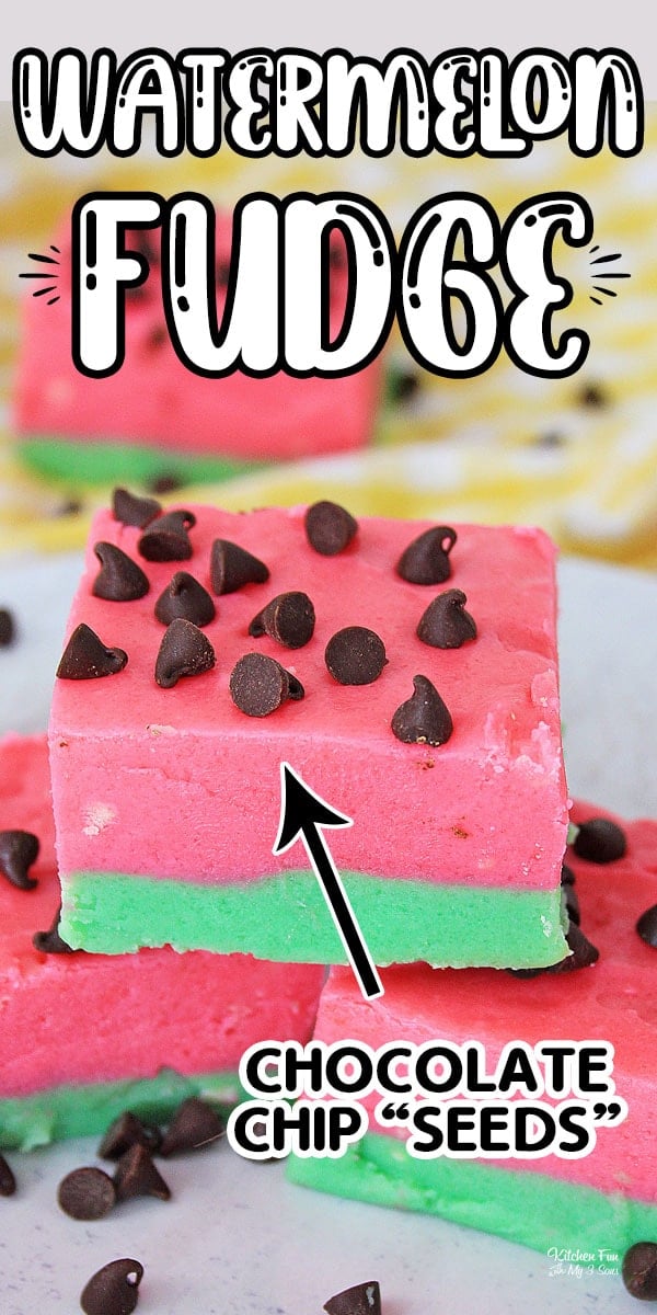 Watermelon Fudge is a fun summer treat to make with chocolate and real watermelon flavor. The mini chocolate chips on top look just like seeds!