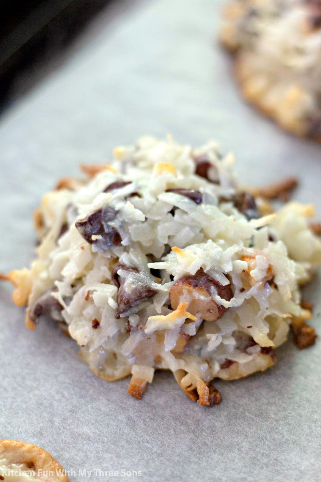 freshly baked almond joy cookie on a baking sheet