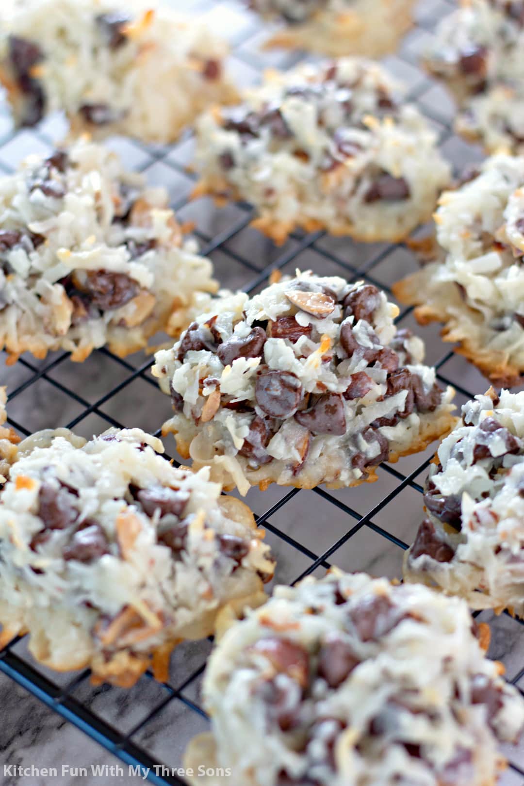 Almond Joy Cookies on a wire cooling rack