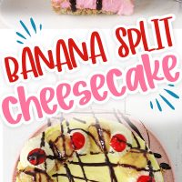 Banana Split Cheesecake is a delicious combo of strawberry and yellow homemade cheesecake topped with bananas, chocolate and cherry.