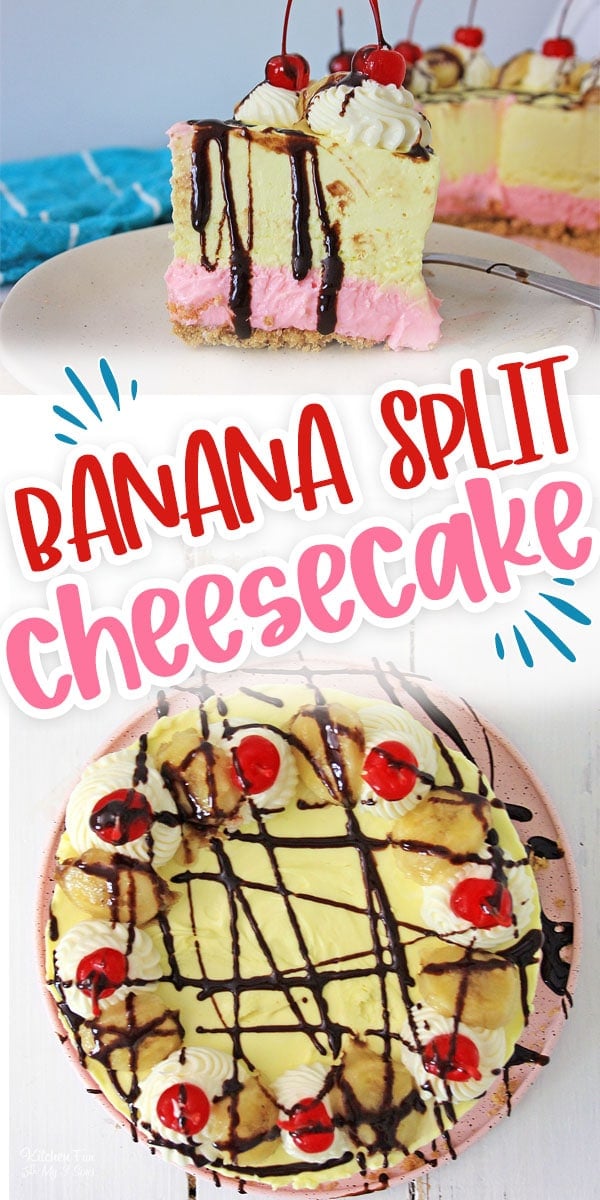 Pinterest title image for banana split cheesecake.