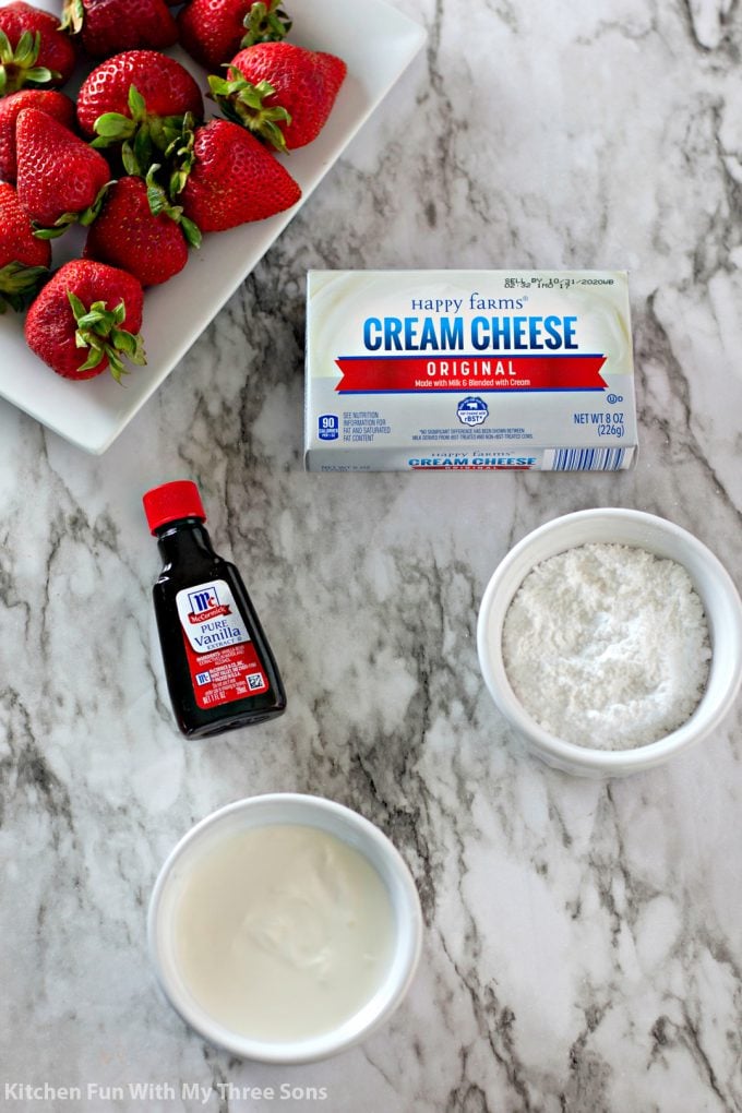 ingredients to make 5 Ingredient Cheesecake Stuffed Strawberries