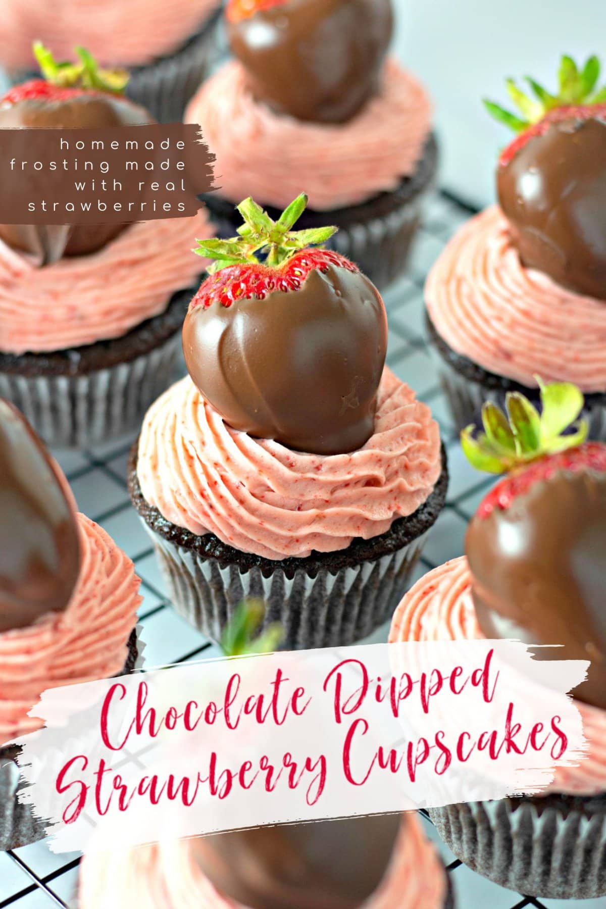 Pinterest title image for Chocolate Covered Strawberry Cupcakes