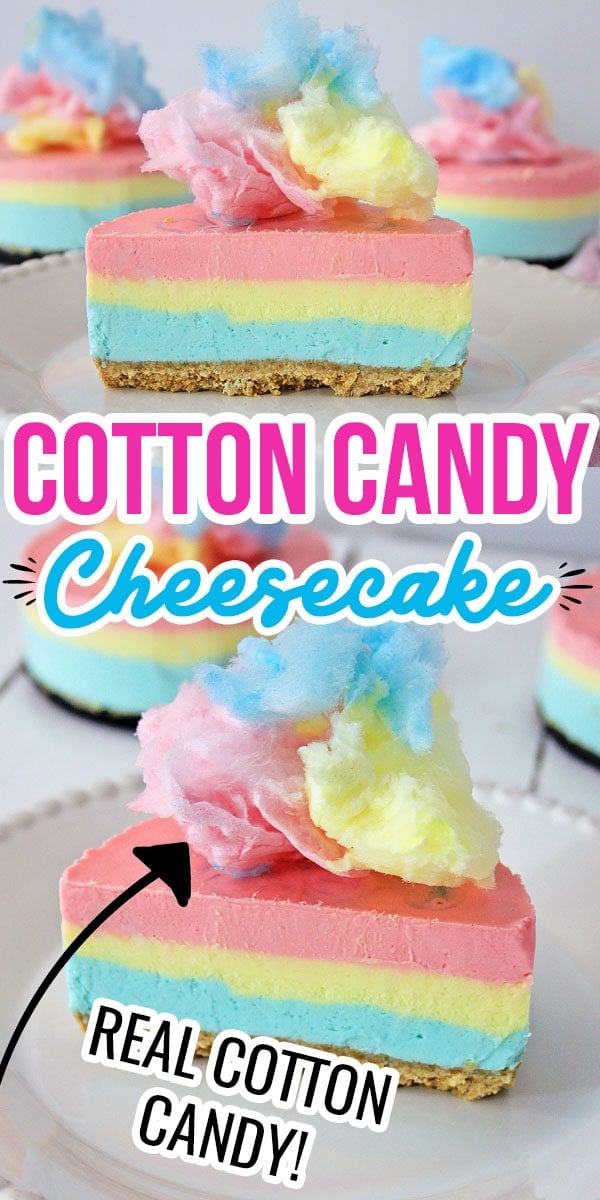 Cotton Candy Cheesecake recipe with a crunchy graham cracker crust then has layers of fun, colorful cheesecake in blue, yellow and pink.