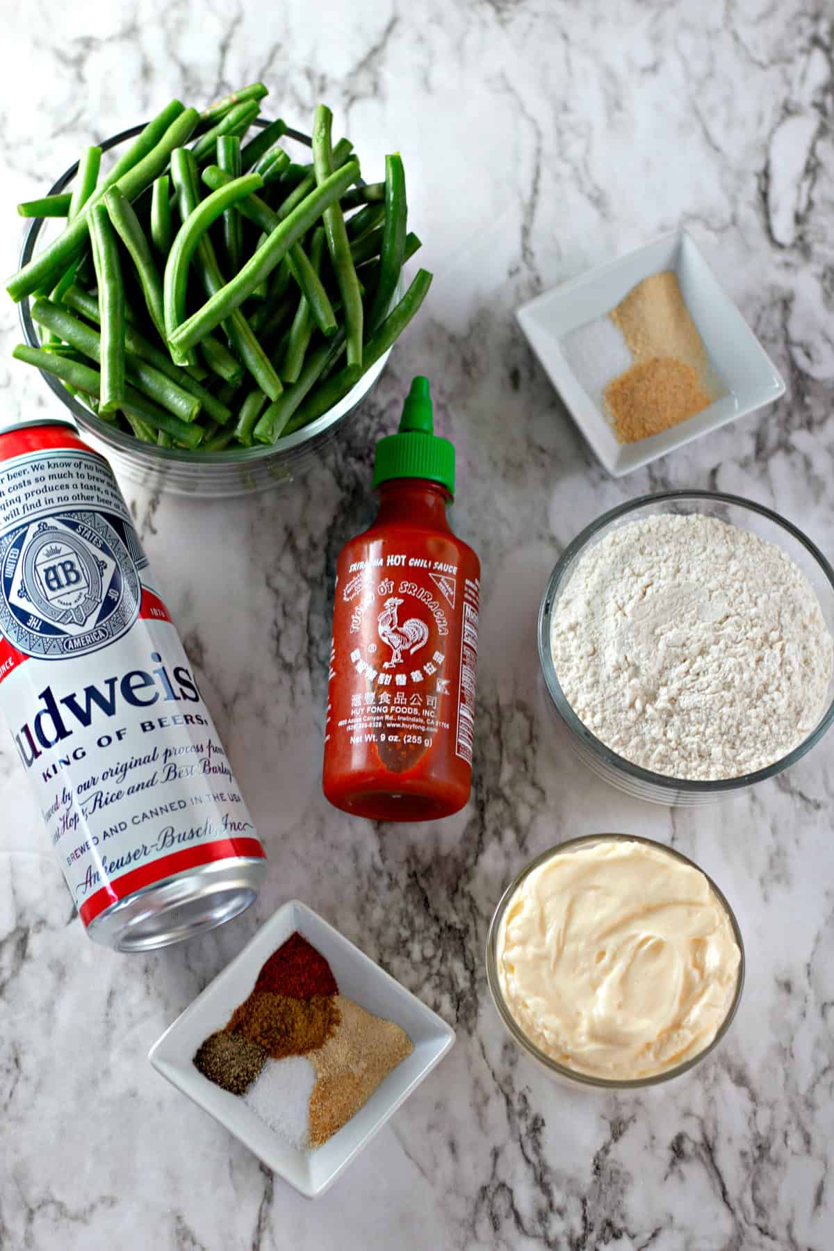 Overhead view of ingredients needed to make fried green beans