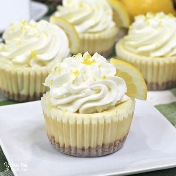 Mini Lemon Cheesecake is a cute little treat to make for anyone who loves the sweet and tangy flavors of lemon. Top it off with whipped cream and a fresh lemon.
