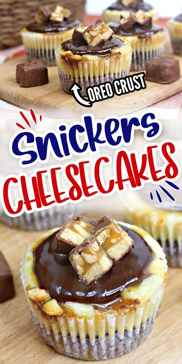 Mini Snickers Caramel Cheesecakes are going to be your new favorite dessert. They have a yummy chocolate cookie layer with salted caramel cheesecake and topped with real Snickers bars.