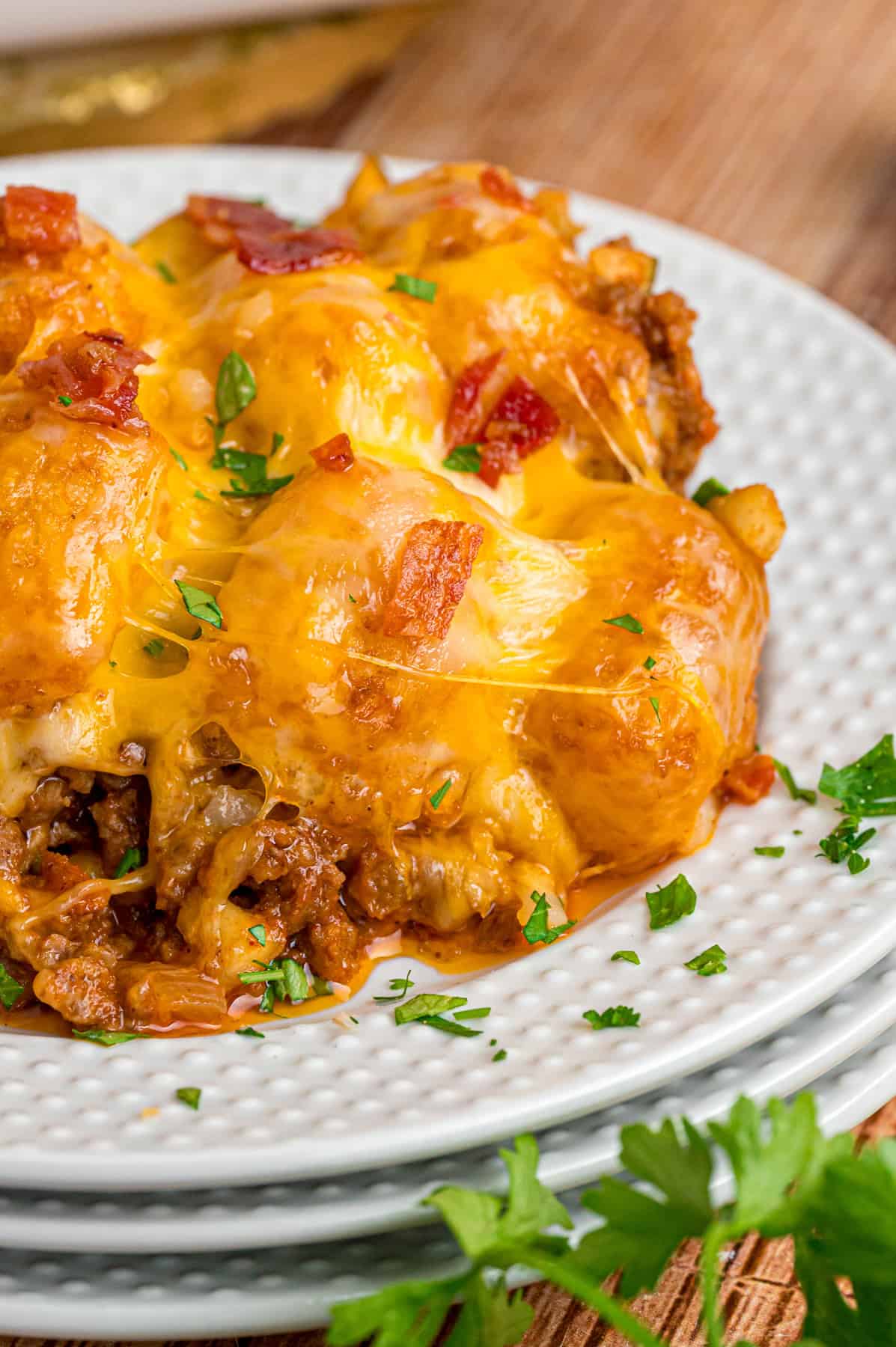 A plate of cheeseburger tater tot casserole