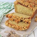 Caramel Apple Banana Bread with Streusel Topping loaf on a board