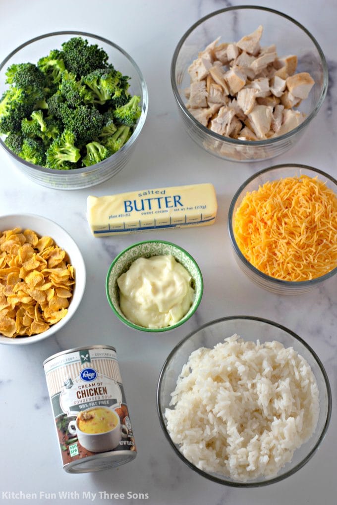 ingredients to make Cheesy Chicken and Rice Casserole