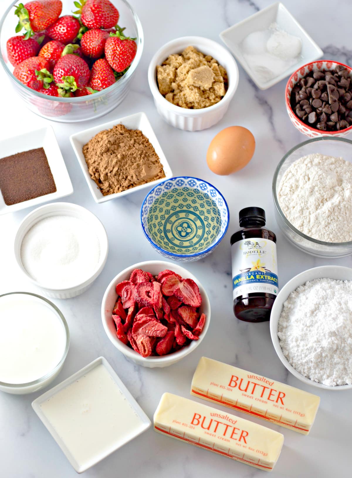 Overhead view of ingredients needed for Chocolate Covered Strawberry Cupcakes