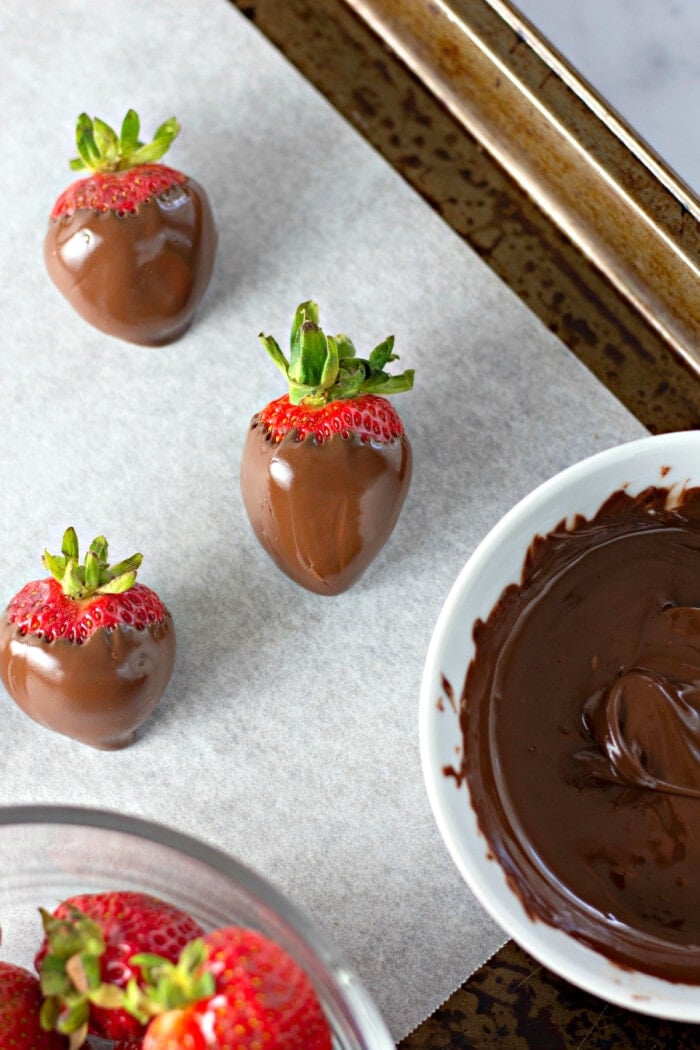 Chocolate covered strawberries on a baking sheet