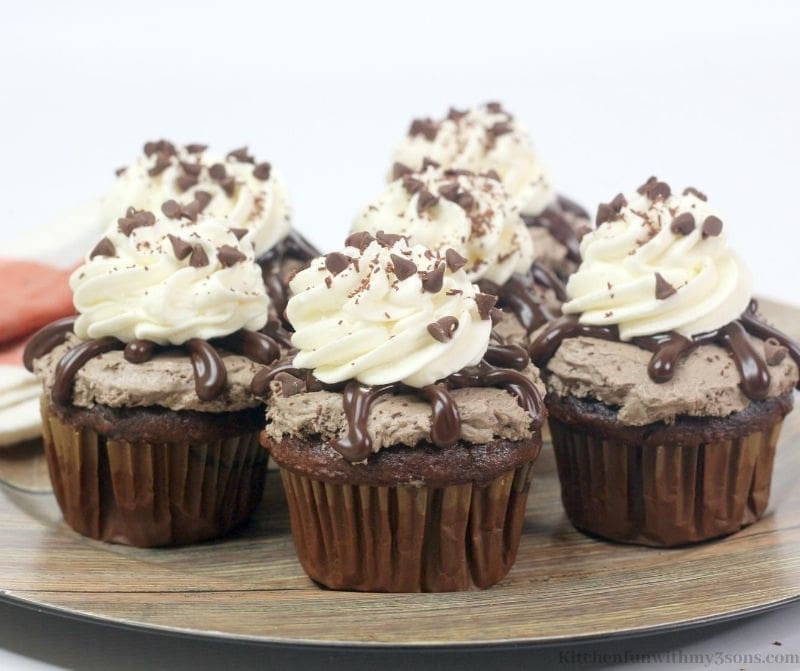chocolate mousse cupcakes on a tray