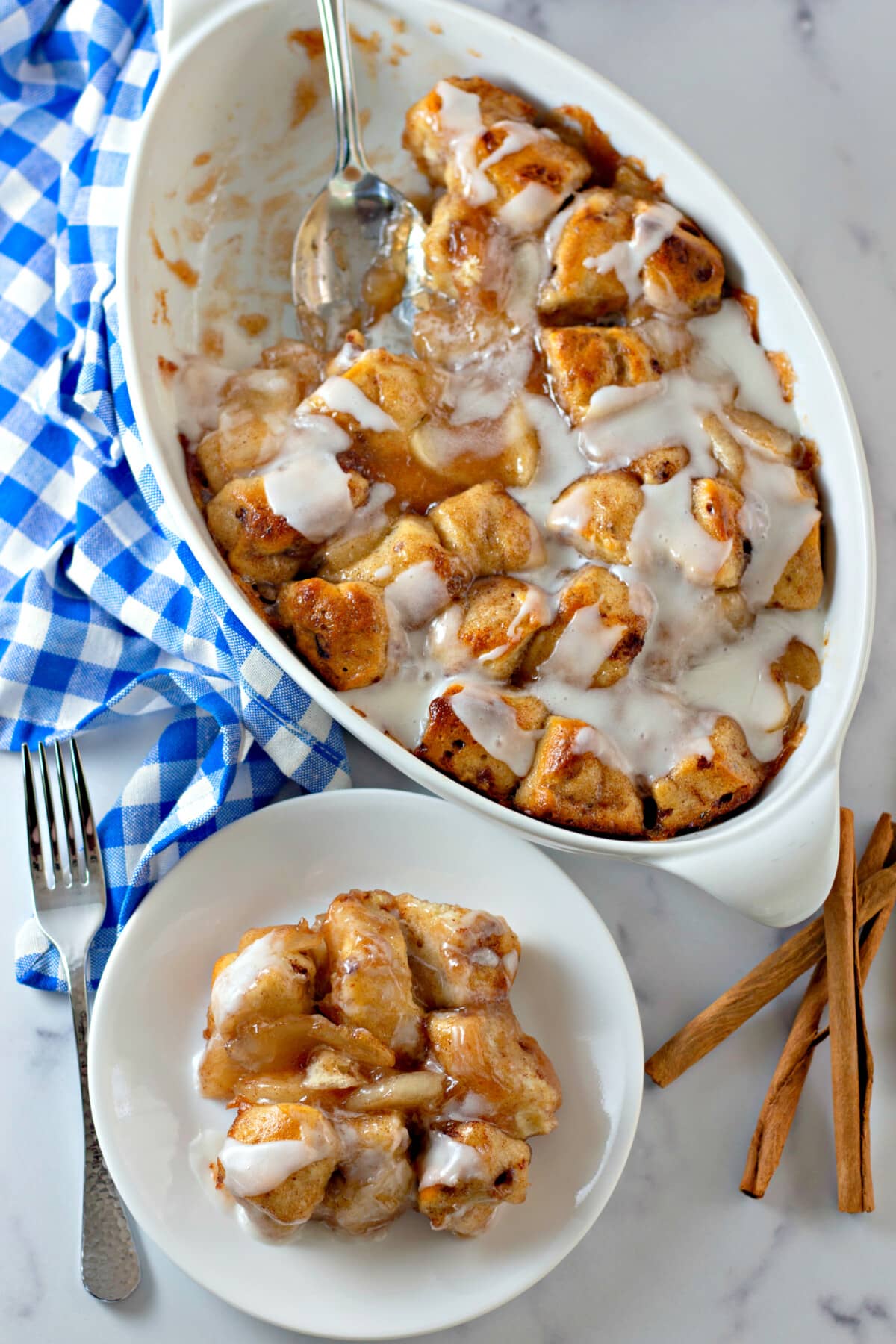 Easy Apple Cobbler in a baking dish and on a plate