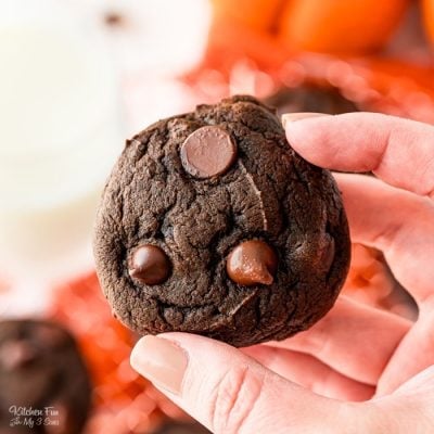Close up of a hand holding up a double chocolate pumpkin cookie.